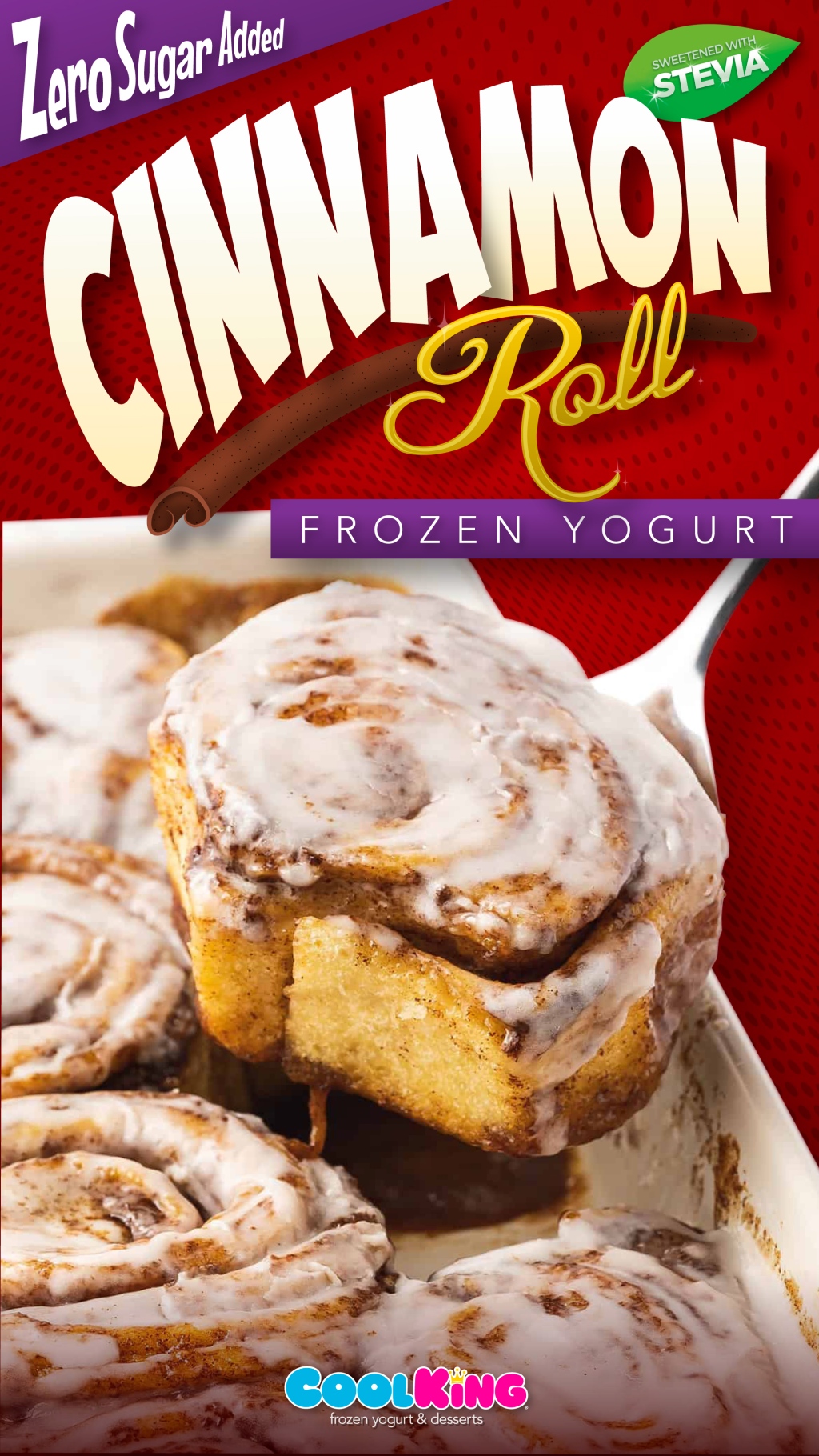 Cool King® “Cinnamon Roll” Frozen Yogurt Flavor Card, Motion Graphic, and Social Media Post Dialog